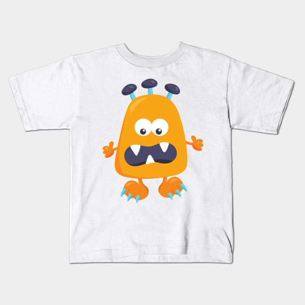 Cute Monster, Orange Monster, Horns, Funny Monster Kids T-Shirt by Jelena Dunčević